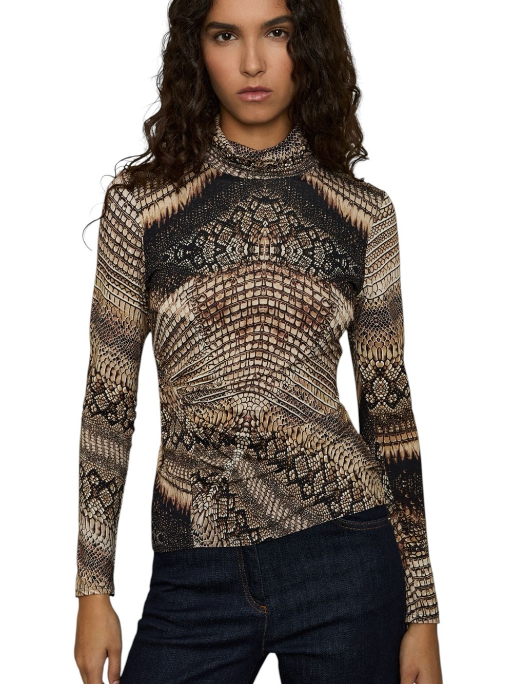 LN Reiss Naomi Snake Print Roll Neck Ruched Knit Top in Brown - XS